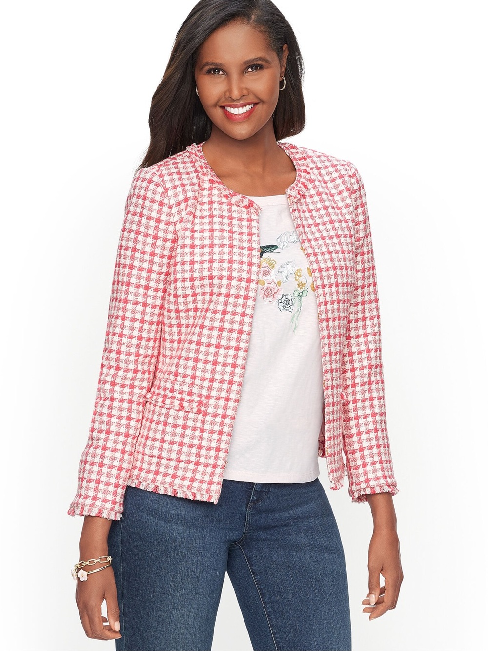 Talbots Fringe Trim Tweed Jacket Pink White Houndstooth Size 14